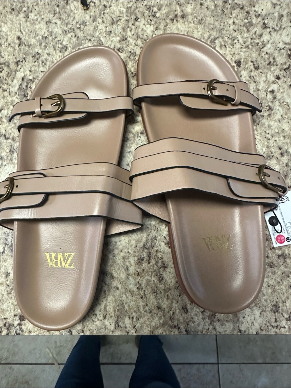 Zara Blush Tan Double-Buckle Slide Sandals
